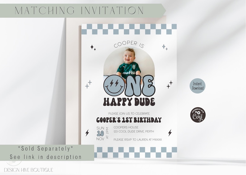 May include: A first birthday invitation card featuring a checkered border, a photo of a child, and the text Cooper is one happy dude. The design includes star and lightning bolt icons, with event details for Cooper's 1st birthday on November 10th.