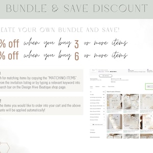 May include: A white and beige graphic with text that reads "Bundle & Save Discount" and "Create Your Own Bundle and Save!"  The graphic also includes the text "50% off when you buy 3 or more items" and "70% off when you buy 6 or more items".  The graphic also includes instructions for how to bundle items and save money.