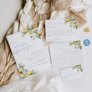 Lemon Bridal Shower Invitation | Editable Blue Citrus Brunch | Main Squeeze Theme Bachelorette | Digital Template