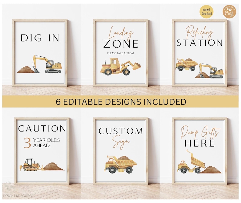 May include: Six framed prints with construction-themed designs. Each print features a different phrase like "Dig In" and "Loading Zone," accompanied by illustrations of construction vehicles such as excavators and dump trucks. The prints are in a neutral color palette.