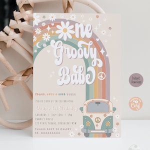 Bearbeitbar One Groovy Babe 1. Geburtstagseinladung, Retro erster Geburtstag einladen 70er Jahre Gänseblümchen Hippie Regenbogen Printable Sofortiger Download Digital