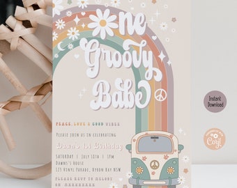 Invitación "One Groovy Babe" / Invitación de primer cumpleaños con temática retro de margaritas de los años 70 / Plantilla digital