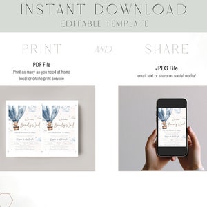 Puede incluir: Una plantilla de descarga instant&aacute;nea con el texto "INSTANT DOWNLOAD EDITABLE TEMPLATE". La plantilla incluye un archivo PDF y un archivo JPEG. El dise&ntilde;o presenta un globo aerost&aacute;tico azul y el texto "Welcome Beverly West".