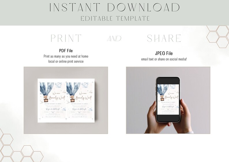 Puede incluir: Una plantilla de descarga instant&aacute;nea con el texto "INSTANT DOWNLOAD EDITABLE TEMPLATE". La plantilla incluye un archivo PDF y un archivo JPEG. El dise&ntilde;o presenta un globo aerost&aacute;tico azul y el texto "Welcome Beverly West".