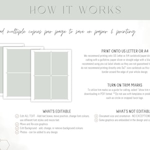 May include: A printable template for creating cards or labels. The template shows four blank cards with trim marks. The text "Print onto US Letter or A4" and "Turn on Trim Marks" is included. The text "What's Editable" and "What's Not Editable" is included with a list of editable and non-editable features.