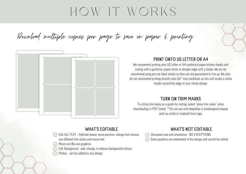 May include: A printable template for creating cards or labels. The template shows four blank cards with trim marks. The text "Print onto US Letter or A4" and "Turn on Trim Marks" is included. The text "What's Editable" and "What's Not Editable" is included with a list of editable and non-editable features.