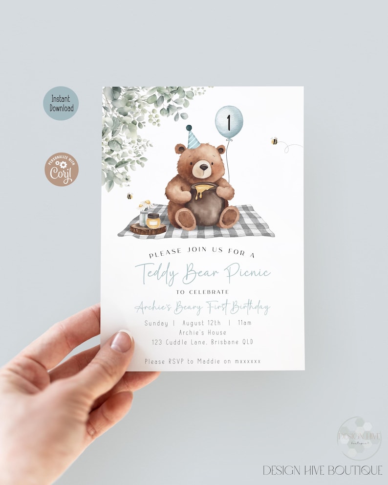 May include: A birthday invitation with a teddy bear illustration, a blue balloon, and the text "Teddy Bear Picnic". The invitation includes event details and RSVP information. The design has a watercolor style.