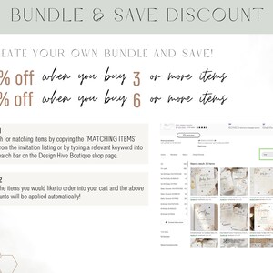 May include: A white and beige graphic with text that reads "Bundle & Save Discount" and "Create Your Own Bundle and Save!"  The graphic also includes the text "50% off when you buy 3 or more items" and "70% off when you buy 6 or more items".  The graphic also includes instructions for how to bundle items and save money.
