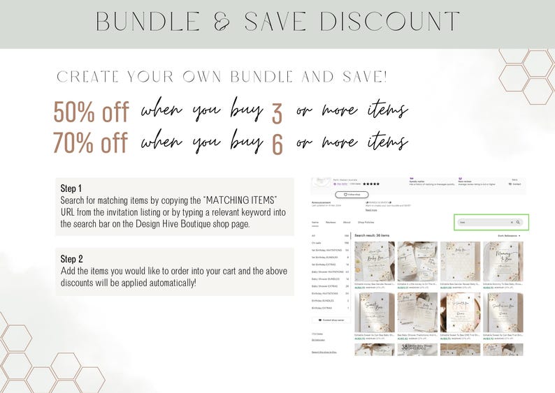 May include: A white and beige graphic with text that reads "Bundle & Save Discount" and "Create Your Own Bundle and Save!"  The graphic also includes the text "50% off when you buy 3 or more items" and "70% off when you buy 6 or more items".  The graphic also includes instructions for how to bundle items and save money.