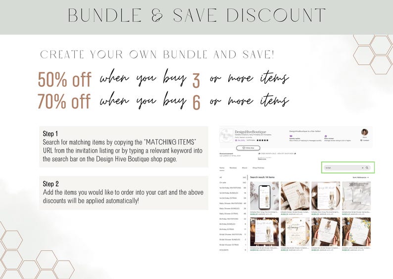 May include: A graphic with text that reads "Bundle & Save Discount" and "Create Your Own Bundle and Save!"  The graphic also includes the text "50% off when you buy 3 or more items" and "70% off when you buy 6 or more items".  The graphic also includes instructions for how to bundle items and save money.