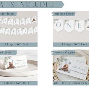 May include: Party decoration set featuring a birthday banner, highchair banner, food labels, and chocolate wrappers. The banners are white with blue text and a teddy bear design. Food labels are folded, measuring 8.89cm x 5.08cm.