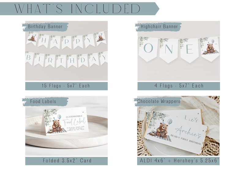 May include: Party decoration set featuring a birthday banner, highchair banner, food labels, and chocolate wrappers. The banners are white with blue text and a teddy bear design. Food labels are folded, measuring 8.89cm x 5.08cm.