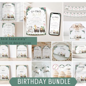 May include: A set of printable party decorations for a second birthday with a jungle theme. The decorations include invitations, thank you cards, food signs, a banner, and cupcake toppers. The decorations feature a green, pink, and gold color scheme with illustrations of animals, including a giraffe, elephant, and zebra.