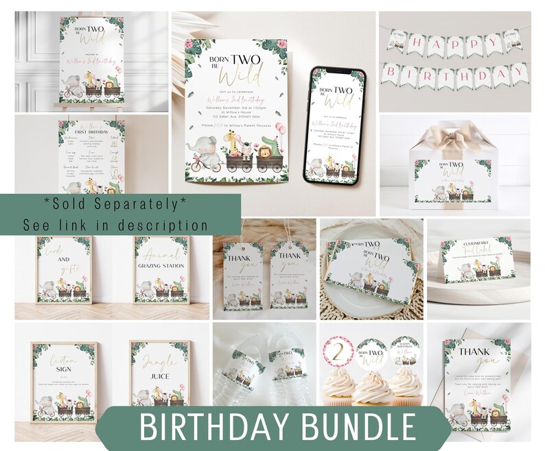 May include: A set of printable party decorations for a second birthday with a jungle theme. The decorations include invitations, thank you cards, food signs, a banner, and cupcake toppers. The decorations feature a green, pink, and gold color scheme with illustrations of animals, including a giraffe, elephant, and zebra.