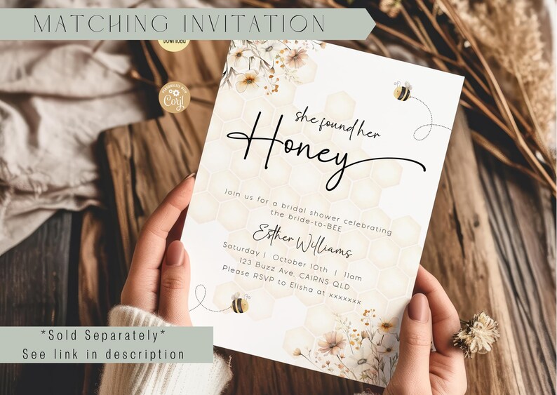 Välkomstskylt för bruddusch med honungsbi | Redigerbar affisch för bröllopsbrunch med vildblomstema | Digital mall bild 6