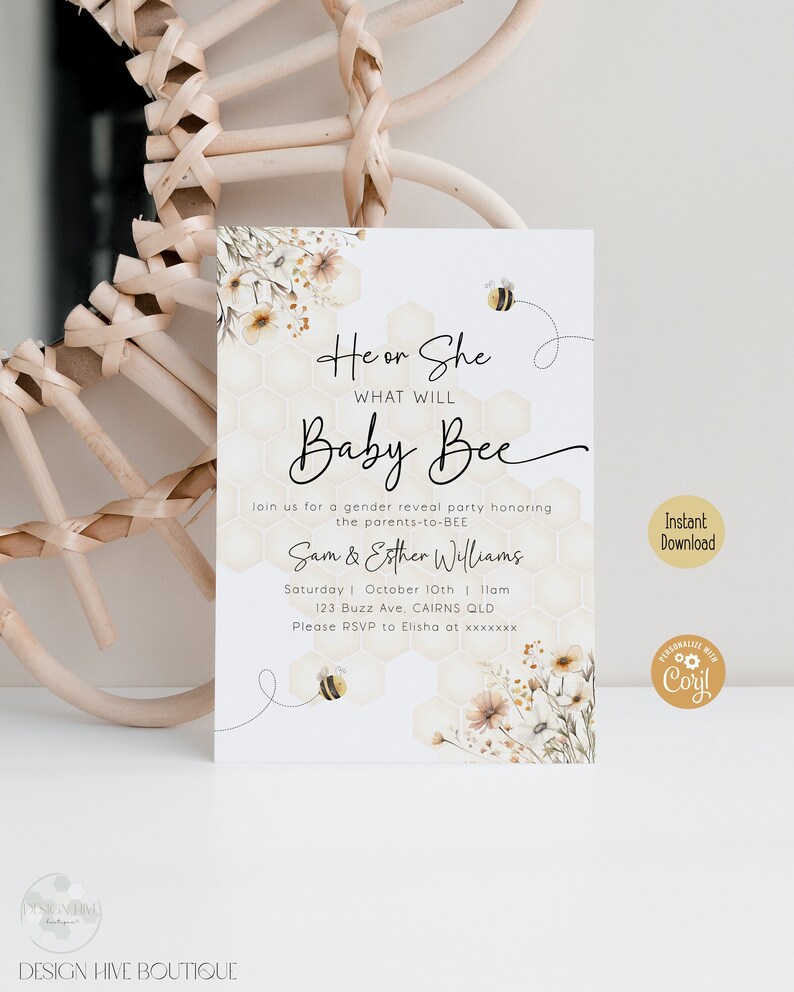 Honey Bee Gender Reveal Invitation | What Will Baby Bee Shower Invite | Digital Template image 3