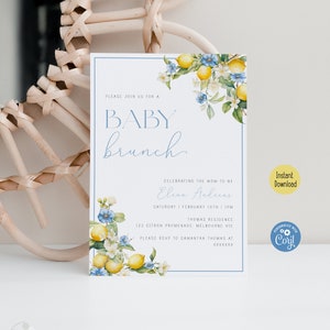 Może przedstawiać: Zaproszenie na baby shower z akwarelową ilustracją cytryn i kwiat&oacute;w. Zaproszenie na baby brunch z okazji przyjścia na świat dziecka Eleny Andreas, 10 lutego o 13:00. Adres: 123 Citron Promenade, Melbourne VIC. Prosimy o potwierdzenie uczestnictwa u Samanthy Thomas pod numerem XXXXXX.