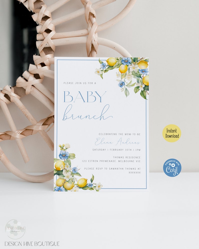 Może przedstawiać: Zaproszenie na baby shower z akwarelową ilustracją cytryn i kwiat&oacute;w. Zaproszenie na baby brunch z okazji przyjścia na świat dziecka Eleny Andreas, 10 lutego o 13:00. Adres: 123 Citron Promenade, Melbourne VIC. Prosimy o potwierdzenie uczestnictwa u Samanthy Thomas pod numerem XXXXXX.