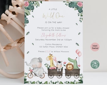 Uitnodiging voor babyshower babyshower | Roze safarithema meisje | Digitale sjabloon