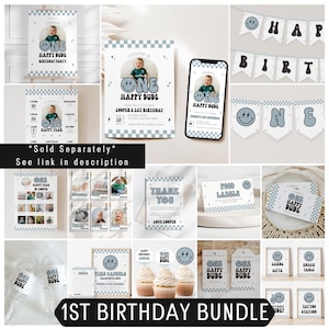 May include: A first birthday party decoration bundle featuring a light blue and white checkered pattern with smiley face graphics and the text "One Happy Dude". Includes invitations, banners, thank you cards, food labels, and cupcake toppers.