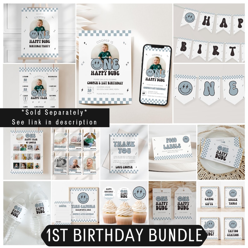 May include: A first birthday party decoration bundle featuring a light blue and white checkered pattern with smiley face graphics and the text "One Happy Dude". Includes invitations, banners, thank you cards, food labels, and cupcake toppers.