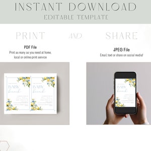 Może przedstawiać: Drukowane zaproszenie na baby shower z kwiatowym wzorem z cytrynami i niebieskimi kwiatami. Zaproszenie zawiera napis "Baby Brunch" w niebieskim i białym stylu pisma.