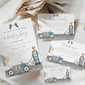 Editable Race Car Baby Shower Invitation Set, Baby Boy On The Way Sprinkle Invite Little Racer Party Blue Vintage Racecar Printable Template