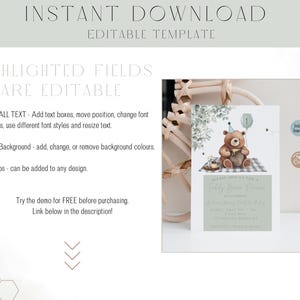 May include: An invitation template with a teddy bear theme. The design features a watercolour illustration of a teddy bear with a party hat, sitting on a picnic blanket. The text "INSTANT DOWNLOAD EDITABLE TEMPLATE" is at the top.
