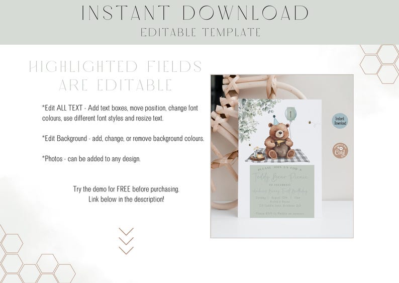 May include: An invitation template with a teddy bear theme. The design features a watercolour illustration of a teddy bear with a party hat, sitting on a picnic blanket. The text "INSTANT DOWNLOAD EDITABLE TEMPLATE" is at the top.