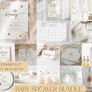 May include: A baby shower party bundle with a honeybee theme. The bundle includes printable invitations, thank you cards, food labels, games, and decorations. The design features a watercolor floral pattern with bees and honeycomb.