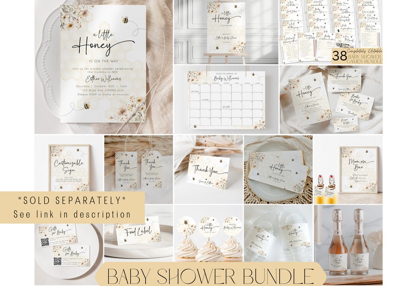 May include: A baby shower party bundle with a honeybee theme. The bundle includes printable invitations, thank you cards, food labels, games, and decorations. The design features a watercolor floral pattern with bees and honeycomb.