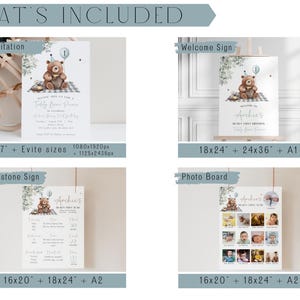 May include: A set of printable party decorations featuring a teddy bear theme. Includes an invitation, welcome sign, milestone sign, and photo board. The invitation is available in 5x7 inches and Evite sizes. The signs are available in various sizes, including A1 and A2.