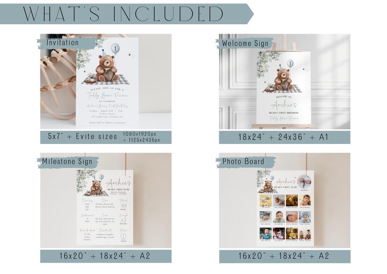 May include: A set of printable party decorations featuring a teddy bear theme. Includes an invitation, welcome sign, milestone sign, and photo board. The invitation is available in 5x7 inches and Evite sizes. The signs are available in various sizes, including A1 and A2.