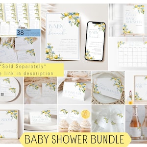 Może przedstawiać: Zestaw na baby shower w stylu cytrynowym i kwiatowym. Zestaw zawiera zaproszenia, kartki z podziękowaniami, ozdoby na babeczki, tabliczkę, kalendarz i wiele innych. Tekst na zaproszeniu brzmi "Baby Brunch".
