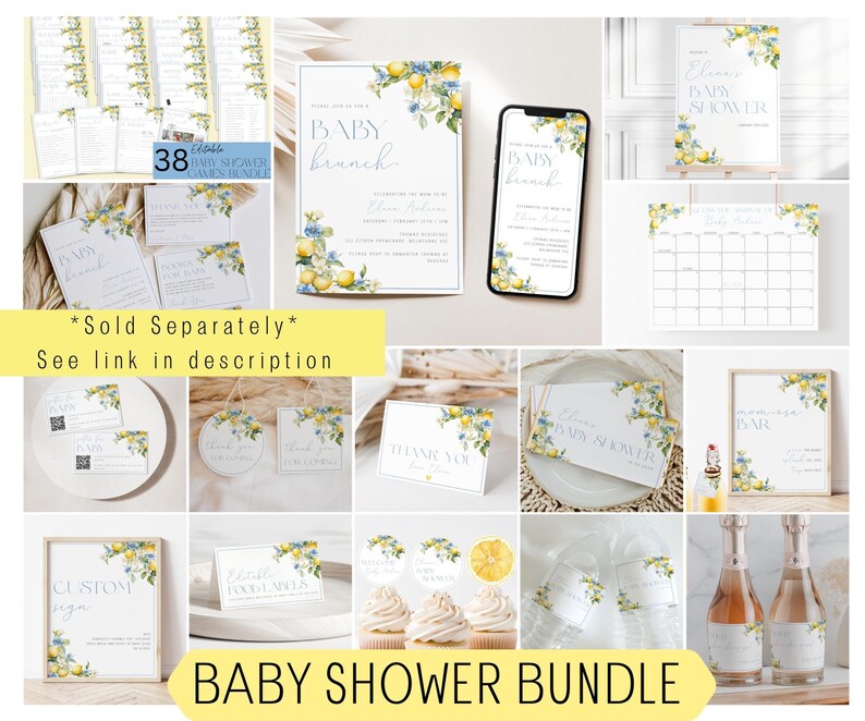 Może przedstawiać: Zestaw na baby shower w stylu cytrynowym i kwiatowym. Zestaw zawiera zaproszenia, kartki z podziękowaniami, ozdoby na babeczki, tabliczkę, kalendarz i wiele innych. Tekst na zaproszeniu brzmi "Baby Brunch".