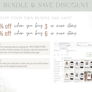 May include: An informational graphic titled BUNDLE & SAVE DISCOUNT with text explaining how to save 50% on 3 items or 70% on 6 items. It includes two steps for creating a bundle and a screenshot of a shop page showing search results for items.