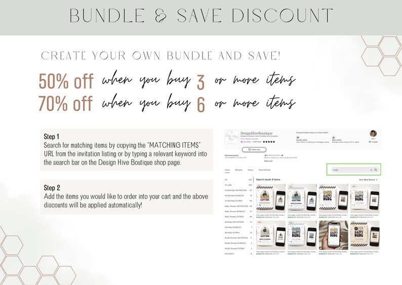 May include: An informational graphic titled BUNDLE & SAVE DISCOUNT with text explaining how to save 50% on 3 items or 70% on 6 items. It includes two steps for creating a bundle and a screenshot of a shop page showing search results for items.