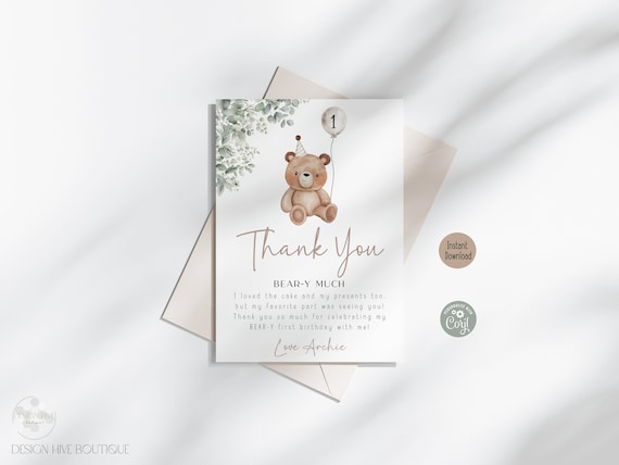Teddy Bear Birthday Thank You Card | Any Age | Editable Beary First Theme | Digital Template