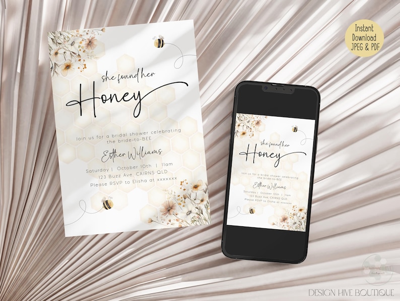 May include: A printable bridal shower invitation with a watercolor floral design and the text "she found her Honey" and "Join us for a bridal shower celebrating the bride-to-bee Esther Williams".
