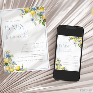 Może przedstawiać: Zaproszenie na baby shower z motywem cytryny i kwiat&oacute;w. Zaproszenie jest na baby brunch z okazji Elina Anduer. Zaproszenie zawiera datę, godzinę i miejsce wydarzenia. Zaproszenie zawiera r&oacute;wnież prośbę o potwierdzenie uczestnictwa do Samantha Thomas.