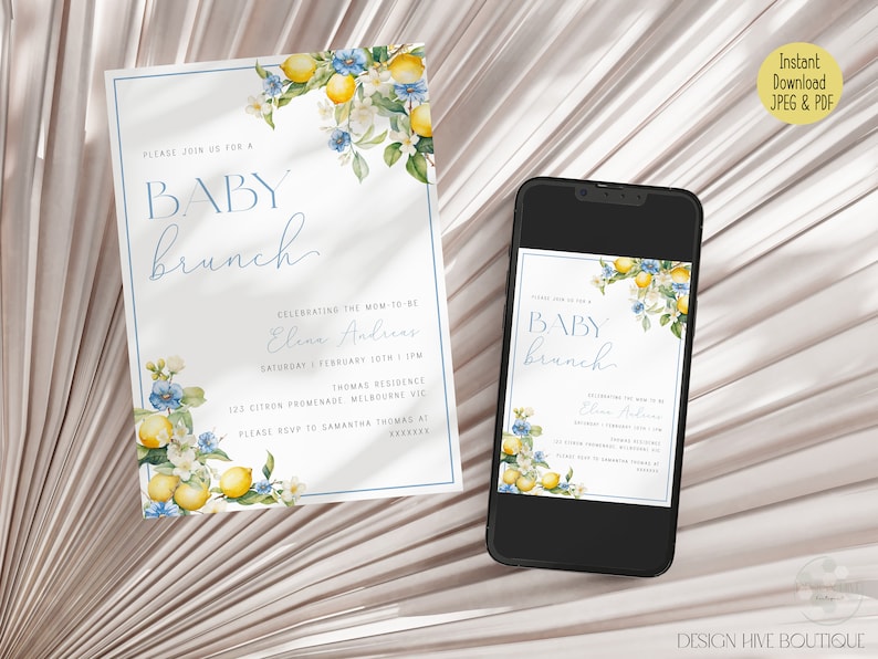 Może przedstawiać: Zaproszenie na baby shower z motywem cytryny i kwiat&oacute;w. Zaproszenie jest na baby brunch z okazji Elina Anduer. Zaproszenie zawiera datę, godzinę i miejsce wydarzenia. Zaproszenie zawiera r&oacute;wnież prośbę o potwierdzenie uczestnictwa do Samantha Thomas.