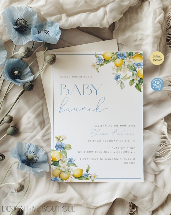 Lemon Baby Shower Invitation | Editable Blue Citrus Brunch | Minimalist Main Squeeze Theme | Digital Template