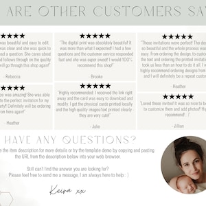 May include: A customer review graphic titled WHAT ARE OTHER CUSTOMERS SAYING? featuring five star ratings and testimonials from Rebecca, Brooke, Heather, and Jillian. Includes a HAVE ANY QUESTIONS? section with instructions and a circular photo of a person.