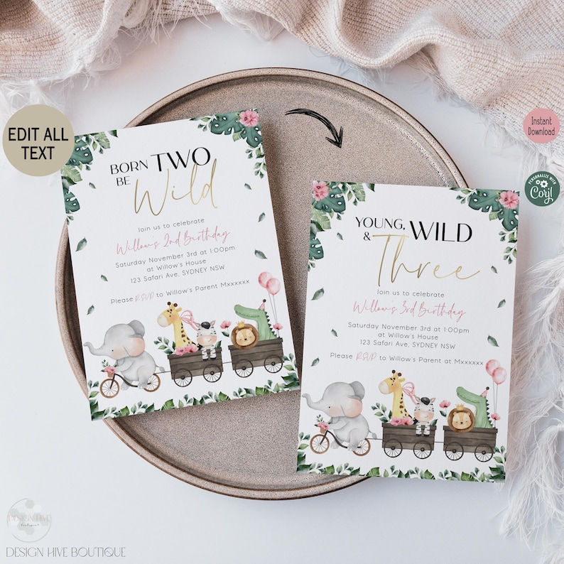 Born Two Be Wild Party Invitation | Pink Safari Theme 2nd Birthday Invite | Digital Template image 4