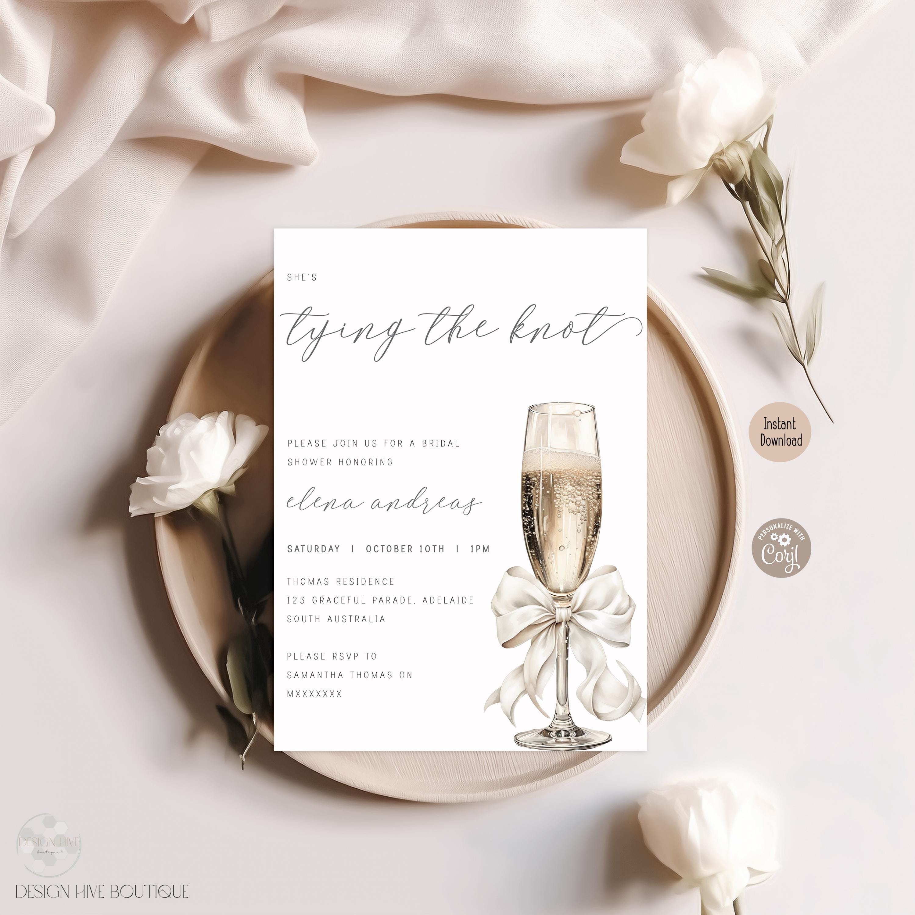 Editable She's Tying The Knot Bridal Shower Invitation, Modern Bow Bridal Brunch Invite Minimal Champagne Wedding Shower Printable Template