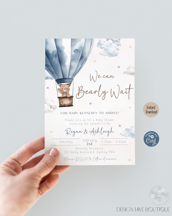 Editable We Can Bearly Wait Invite Teddy Bear Hot Air Balloon Theme Baby Shower Invitation Boy Boho Bear Printable Template Instant Download