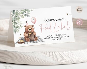 Pink Teddy Bear Picnic Food Label | Beary 1st Birthday Theme Place Card | Digital Template