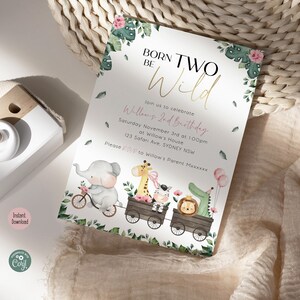 May include: A pink and green invitation card with a jungle theme. The card says "Born to be Two Wild" and features a cartoon elephant riding a bicycle, a giraffe pulling a wagon with a zebra, a lion, and a crocodile. The text on the card says "Join us to celebrate Willow's 2nd Birthday, Saturday November 3rd at 1:00pm at Willow's House, 123 Safari Ave, SYDNEY NSW. Please RSVP to Willow's Parent Mxxxxxx."