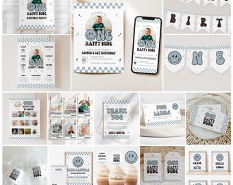 One Happy Dude First Birthday Bundle | Smiley Face 1st Birthday Invitation | Digital Template