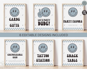 Smiley Face Table Signs | Editable Retro Blue One Happy Dude Birthday Party | Digital Download